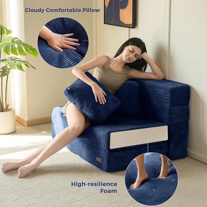MAXYOYO Convertible Sofa Bed, Fold Out Sleeper Sofa with Pillow, 4 in 1 Tufted Folding Couch Bed Foam Floor Couch, Lazy Chair for Living Room Bedroom Guest Room, Navy
