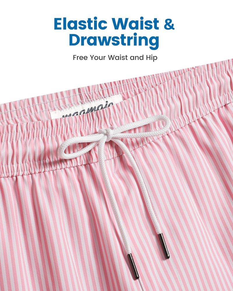 maamgic Mens Swim Trunks with Compression Liner 5 Inch, Quick Dry Bathing Suit with Zipper Pockets, Stretch No-Chafing Swim Shorts, Pink White Stripe Medium