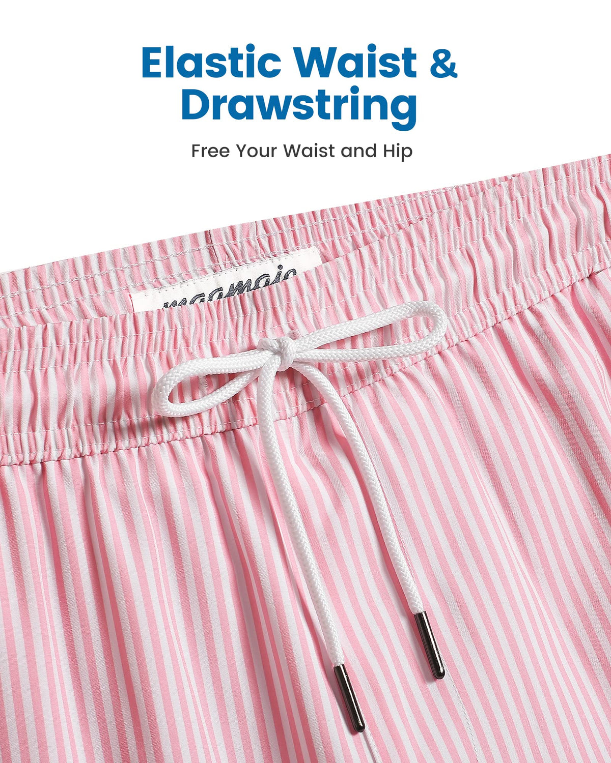 maamgic Mens Swim Trunks with Compression Liner 5 Inch, Quick Dry Bathing Suit with Zipper Pockets, Stretch No-Chafing Swim Shorts, Pink White Stripe Small