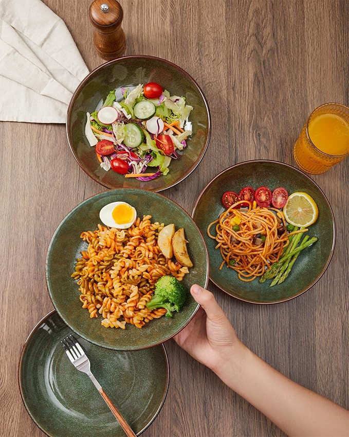 8.75 Inch Large Ceramic Pasta Bowls, 32 Oz Reactive Glaze Stoneware Pasta Serving Bowls Set of 4 for Kitchen, Wide Bowls for Fruit,Pasta,Salad,Soup, Scratch Resistant-Brown and Green