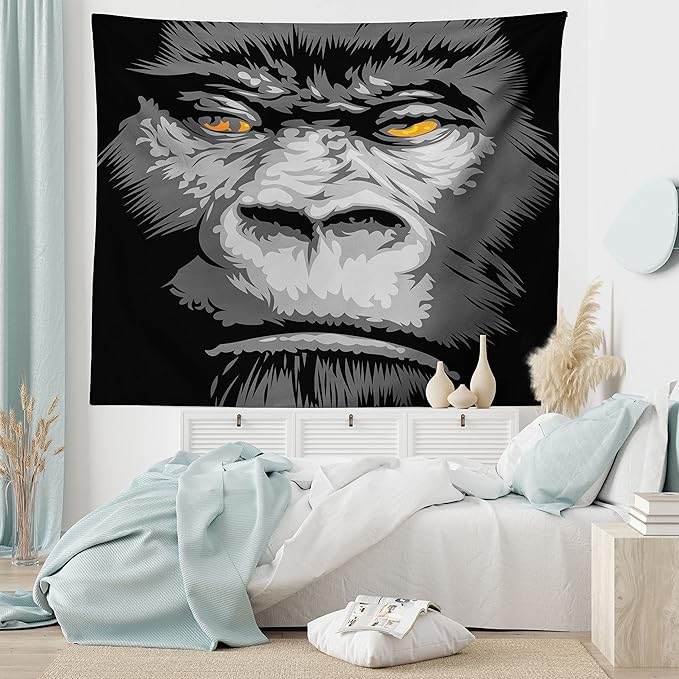 Ambesonne Modern Tapestry Twin Size, Close up Gorilla Portrait with Orange Eyes Zoo Jungle Animal Wild Money Graphic, Wall Hanging Bedspread Bed Cover Wall Decor, 68" X 88", Grey Marigold