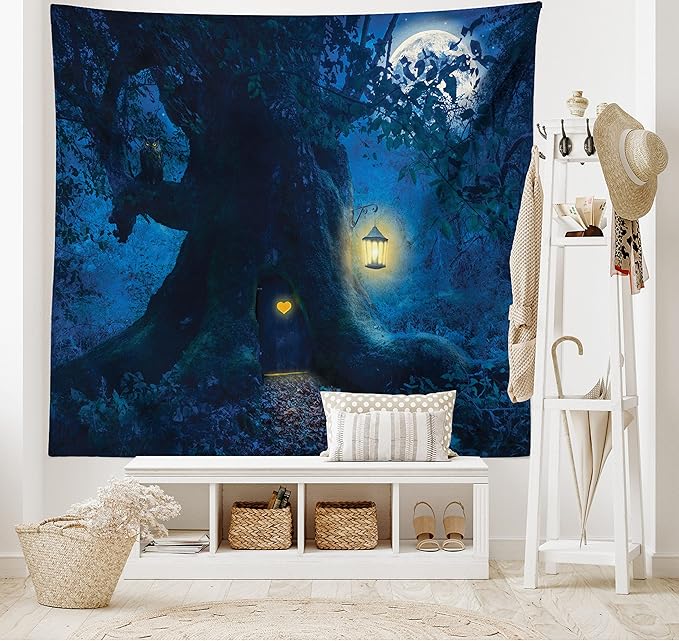Ambesonne Fantasy Tapestry Queen Size, Night with a Little Home in The Trunk of an Tree in The Woods Print, Wall Hanging Bedspread Bed Cover Wall Decor, Queen Size, Navy Blue