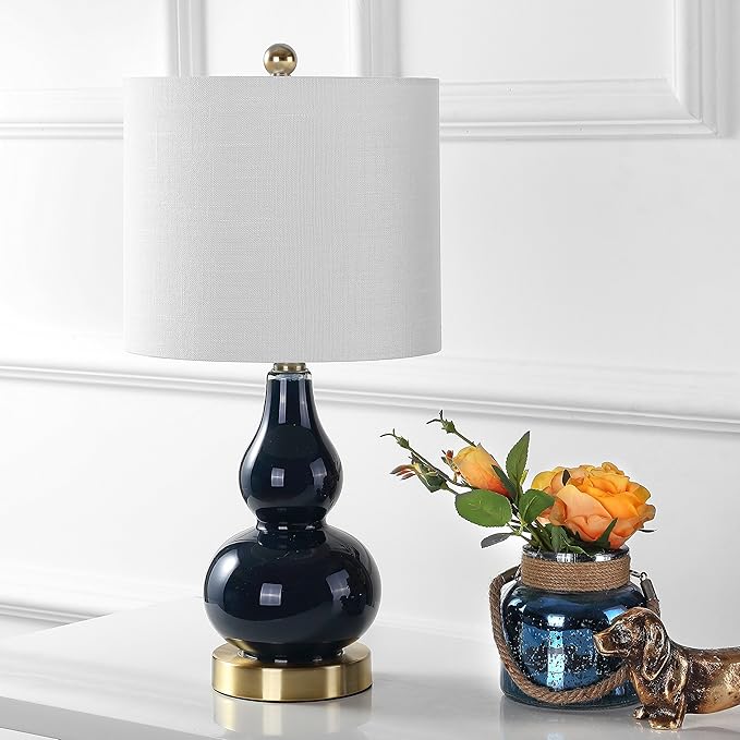JONATHAN Y 20.5" Navy Glass Table Lamp, Modern Gourd Bedside Nightstand Lamp for Bedroom, Living Room, White Linen Shade, LED Bulb Included (JYL1028F)