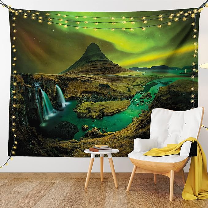 Ambesonne Aurora Borealis Tapestry, Pale Weather over the Hills Waterfall Creek Nature Landscape, Wide Wall Hanging for Bedroom Living Room Dorm, 60" X 40", Olive Green