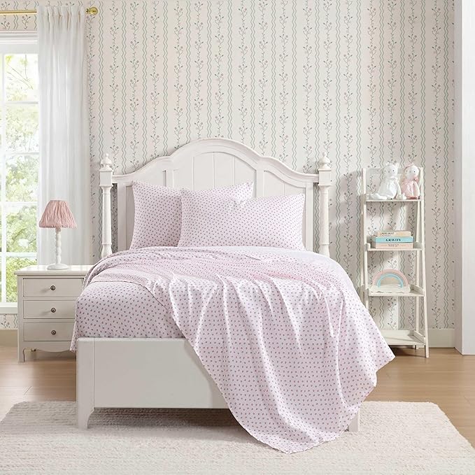 Laura Ashley Kids - Full Sheet Set, Soft & Wrinkle-Resistant Toddler Bedding Set, Deep Pockets, Girl Bed Sheets with Matching Fitted Sheet & Pillowcases (Sweet Lady Bugs Pink)
