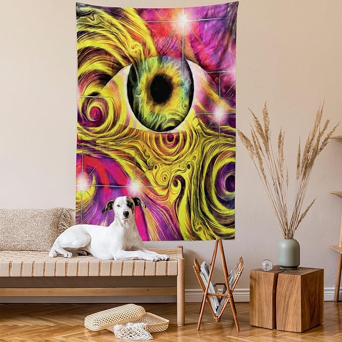 Ambesonne Psychedelic Tapestry, Hippie Hallucinatory Eye in Vivid Colors with Optical Swirl Lines Graphic, Wall Hanging for Bedroom Living Room Dorm Decor, 60" X 80", Fuchsia Yellow