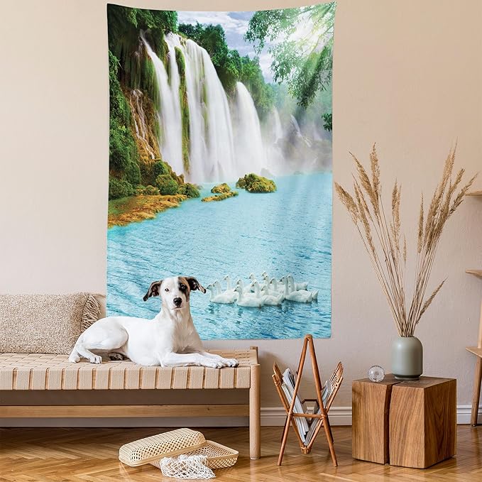 Ambesonne Waterfall Tapestry Queen Size, Image of a Grand Waterfall with Swans in the Lake Sunny Day Nature Print, Wall Hanging Bedspread Bed Cover Wall Decor, 88" X 88", White Green