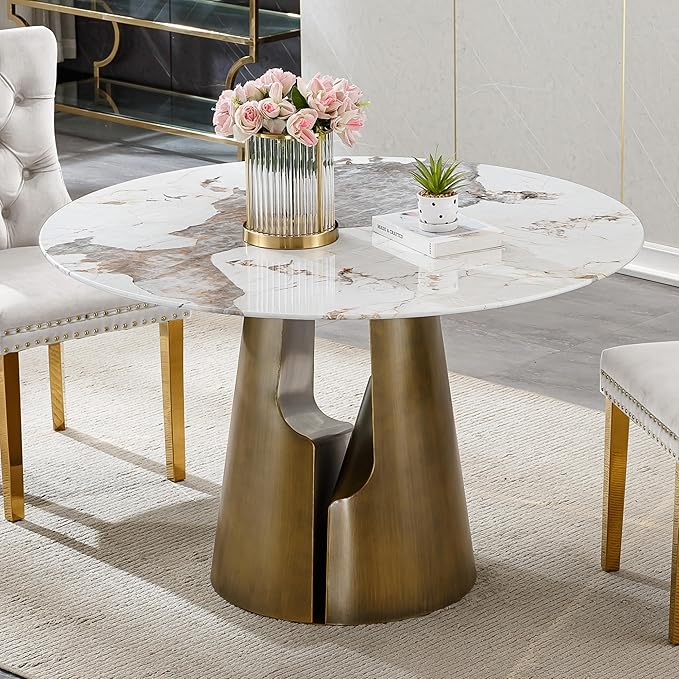 7-Piece Faux Marble Round Dining Table Set for 6, Modern Luxury Kitchen Table Set for 6 with Black Tufted Chairs,Circle Dining Tables with Pandora Grain Top and Bronze Pedestal Base