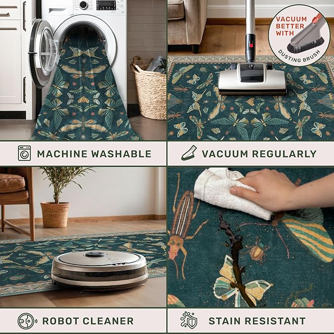Insect Print Washable 8x10 Living Room Rug - Bugs, Butterfly, Bees, Moths Patterned Area Rugs for Bedroom, Dining Room Under Table, Kids Room, Home Office, Washable Non Slip Fade Resistant Low Pile
