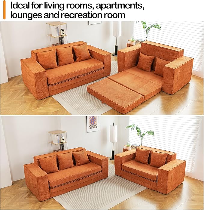 HOMREST 76" Convertible Memory Foam 3-seat Sofa, Pull Out Sleeper Sofa Bed, 2 in 1 Folding Couch Bed, Fold Out Floor Couch Corduroy Fabric with 3 Pillows for Living Room Bedroom Lounge (Brown)