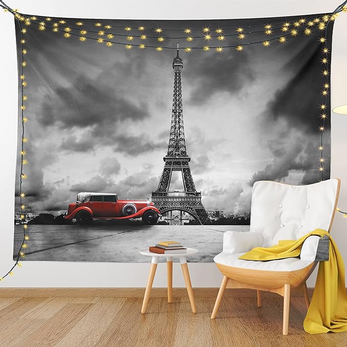 Ambesonne Eiffel Tower Tapestry Twin Size, Image of Eiffel Tower Paris France Vintage Car Street Dark Clouds, Wall Hanging Bedspread Bed Cover Wall Decor, 68" X 88", Black Red