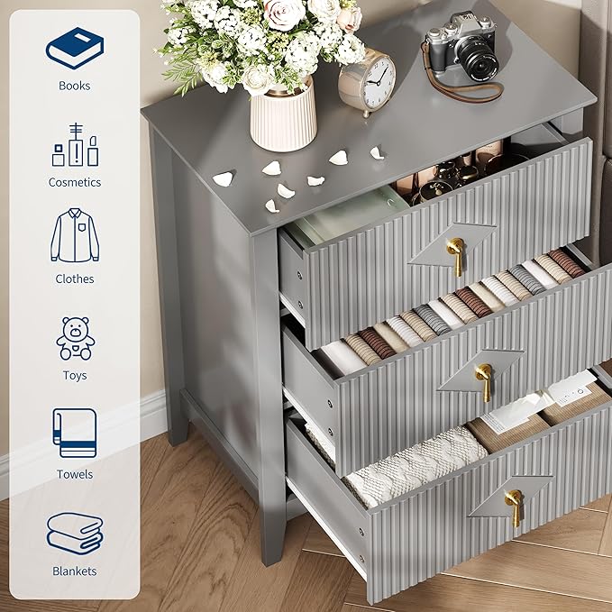 GarveeHome 2Pcs Wood Nightstand Fluted Dresser for Bedroom, 27.5" Wide 3-Drawer Bedside Tables, Modern Chest of Drawers, Storage End Table Living Room, Hallway, Entryway, Grey