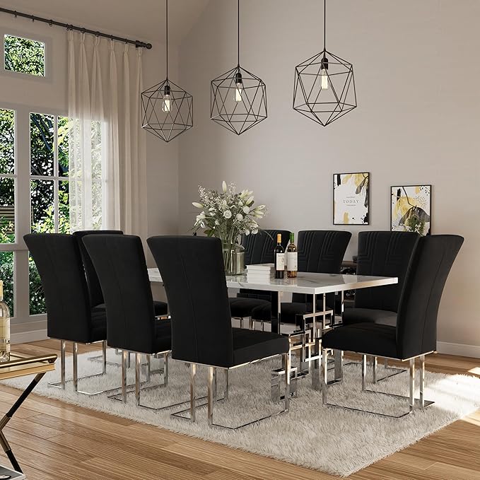 AUZ Dining Chairs Set of 6, Black and Silver Dining Chair with Velvet Upholstery and Mirrored Silver Sled Legs