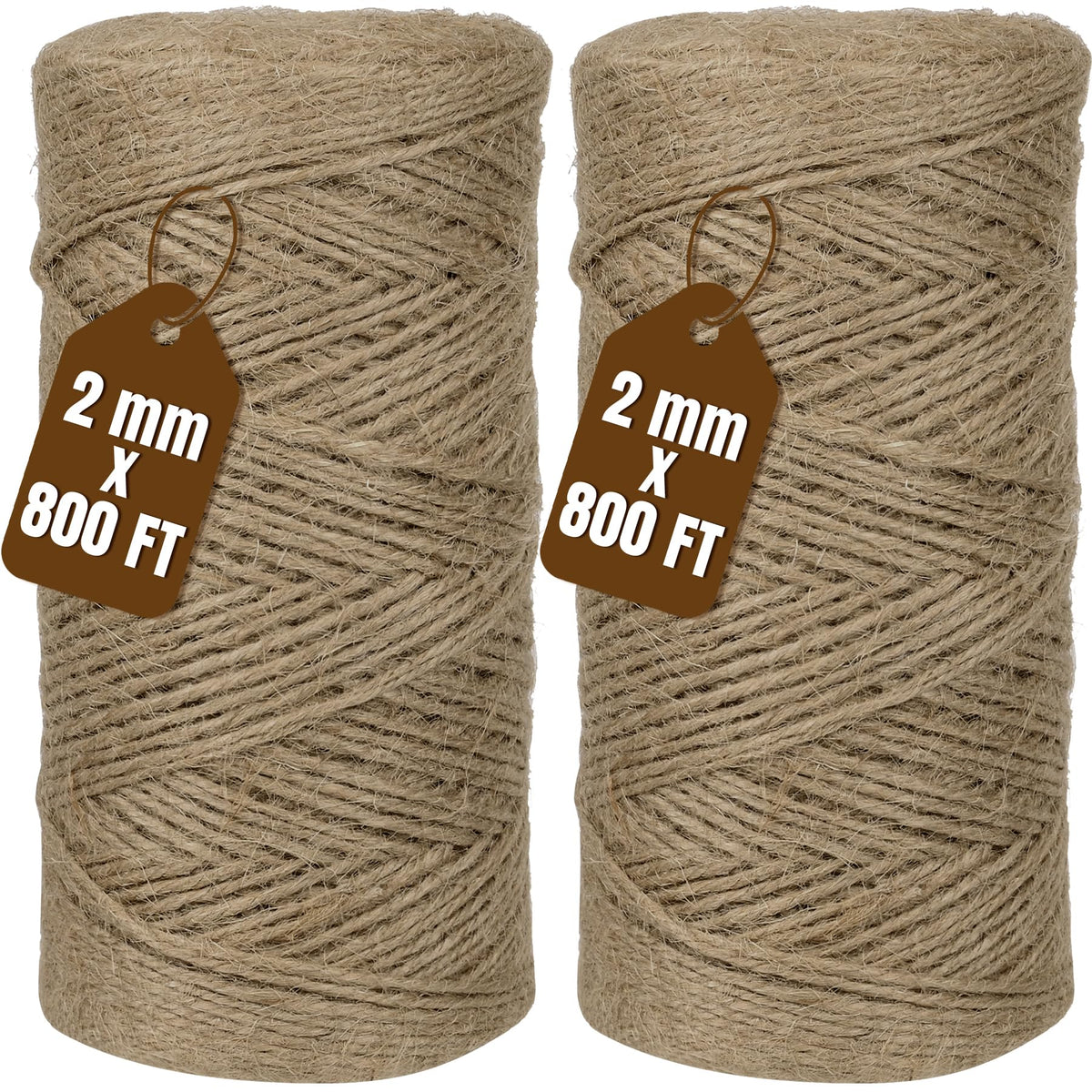 Jute Twine 2mm 1600 Feet Natural Jute Twine String for Crafting, Gardening, Gift Wrapping, Macrame, DIY Decor (Brown, 2Rolls, 800Feet/Roll)