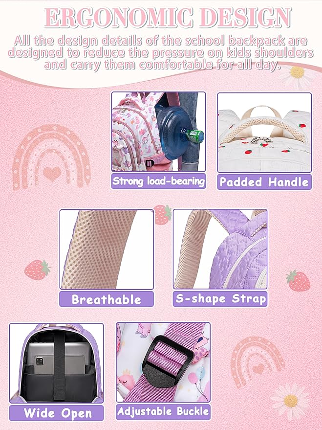 Pink Backpack with Lunch Box for Girls Teenagers Kids for Age 6-8 8-10 10-12 School Bag for Middle High School Primary Aesthetic Bookbag Lightweight Mochila Para Niñas