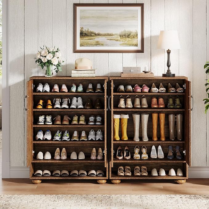 Tribesigns Shoe Cabinet with Doors, 6-Tier Shoe Rack with Solid Wood Feet and Adjustable Shelves, 43.3" Tall Storage Cabinet for Entryway, Hallway, Bedroom (Walnut)