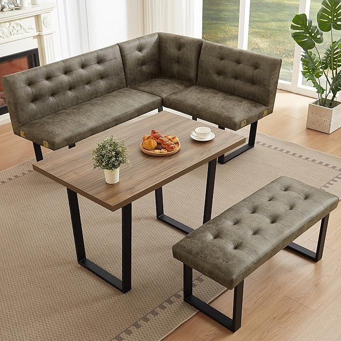 3-Piece Corner Dining Table Set with Bench, 70 Inch Space-Saving Breakfast Nook for Kitchen & Dining Room(Walnut Table & Brown Bench)