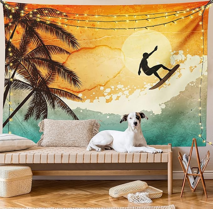 Ambesonne Grunge Tapestry, Illustration of Tropical Island Surfer on Sea Waves and Palms at Sunset, Wide Wall Hanging for Bedroom Living Room Dorm, 60" X 40", Orange Turquoise Black