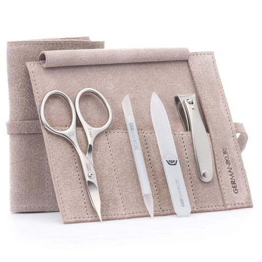 GERMANIKURE 4pc Mini Professional Manicure Set in Suede Case - FINOX Stainless Steel Tools Made in Solingen Germany, Glass Nail Care Supplies Made in Czech Republic