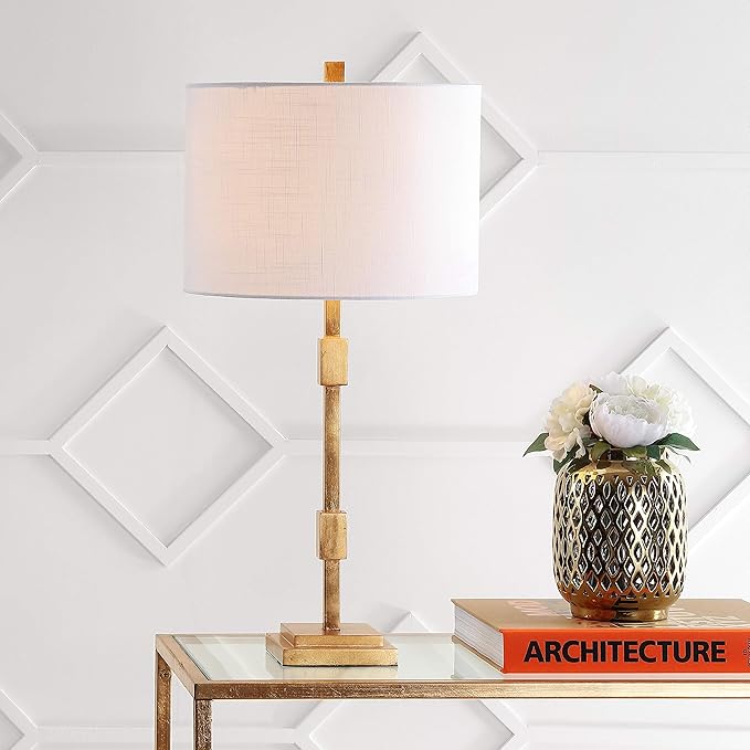 JONATHAN Y 29" Gold Leaf Modern Geometric Column LED Table Lamp, Transitional Iron Desk Lamp for Living Room Bedroom, White Linen Drum Shade, UL Listed, LED Bulb Included JYL3037A