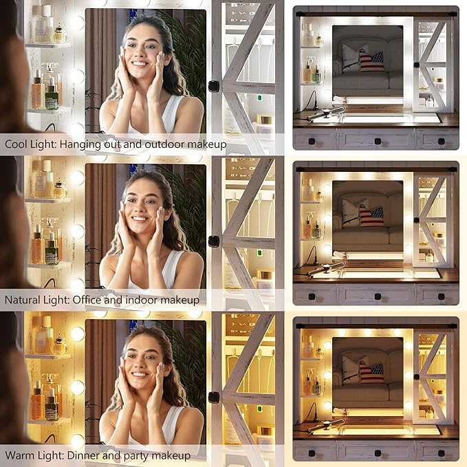 Farmhouse Vanity Desk Set with Mirror and Lights, Makeup Vanity Table with 6 Drawers/Large Storage, White Dressing Table 3 Colors Adjustable Lighting Brightness & Charging Station for Women