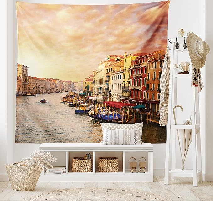Ambesonne Scenery Tapestry, Venezia City Italian Landscape with Old Houses Gondollas and Spikes Image, Fabric Wall Hanging Decor for Bedroom Living Room Dorm, 28" X 23", Orange Yellow