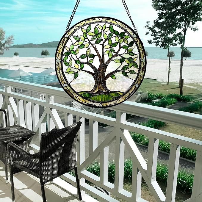 Stained Glass Window Hanging - Brown Tree Trunk Green Leaves Sun Catcher for Door Garden Home Decor Plant Suncatcher Christmas Mother's Day Birthday Gifts for Women Men Mom Nana 15 in