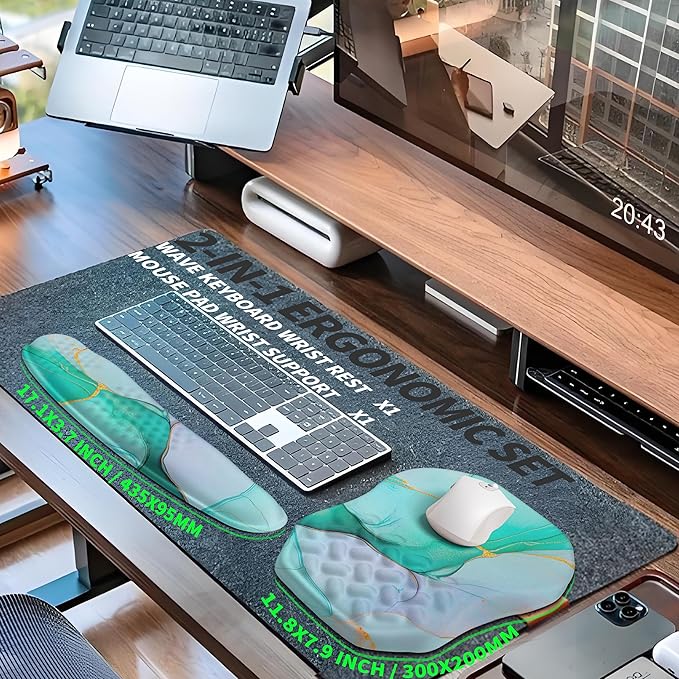 2-in-1 Ergonomic Set, Wave Keyboard Wrist Rest and Massage Slope Mouse Pad Wrist Support, Rebound Memory Foam for Relieve Carpal Tunnel Syndrome and Wrist Pain (Green Gold Marble)