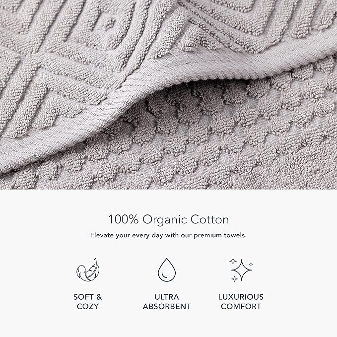 Texere 100% Organic Cotton Diamond Jacquard 700 GSM Luxury Bath Towel Sets - Ultra Soft and Absorbent Hotel and Spa Quality (Diamond, Cathedral Gray, 4 Bath Towels)