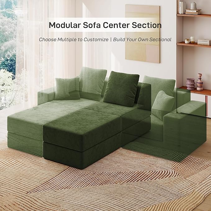 Living&Giving Cloud Sectional Couch for Living Room, Modular Boneless Couch with 1 Ottoman, Middle-seat Can Be Combined with Modular Sofa, Customizable Layout for Any Space, Green