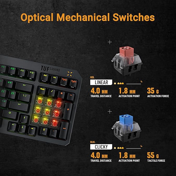 ASUS TUF Gaming K3 Gen II Wired USB Gaming Keyboard – 97-Key Compact Layout, Optical-Mechanical Blue (Clicky) Switches, PBT Keycaps, Detachable Top Plate, IP57 Waterproofing, PC/Mac Support - Black