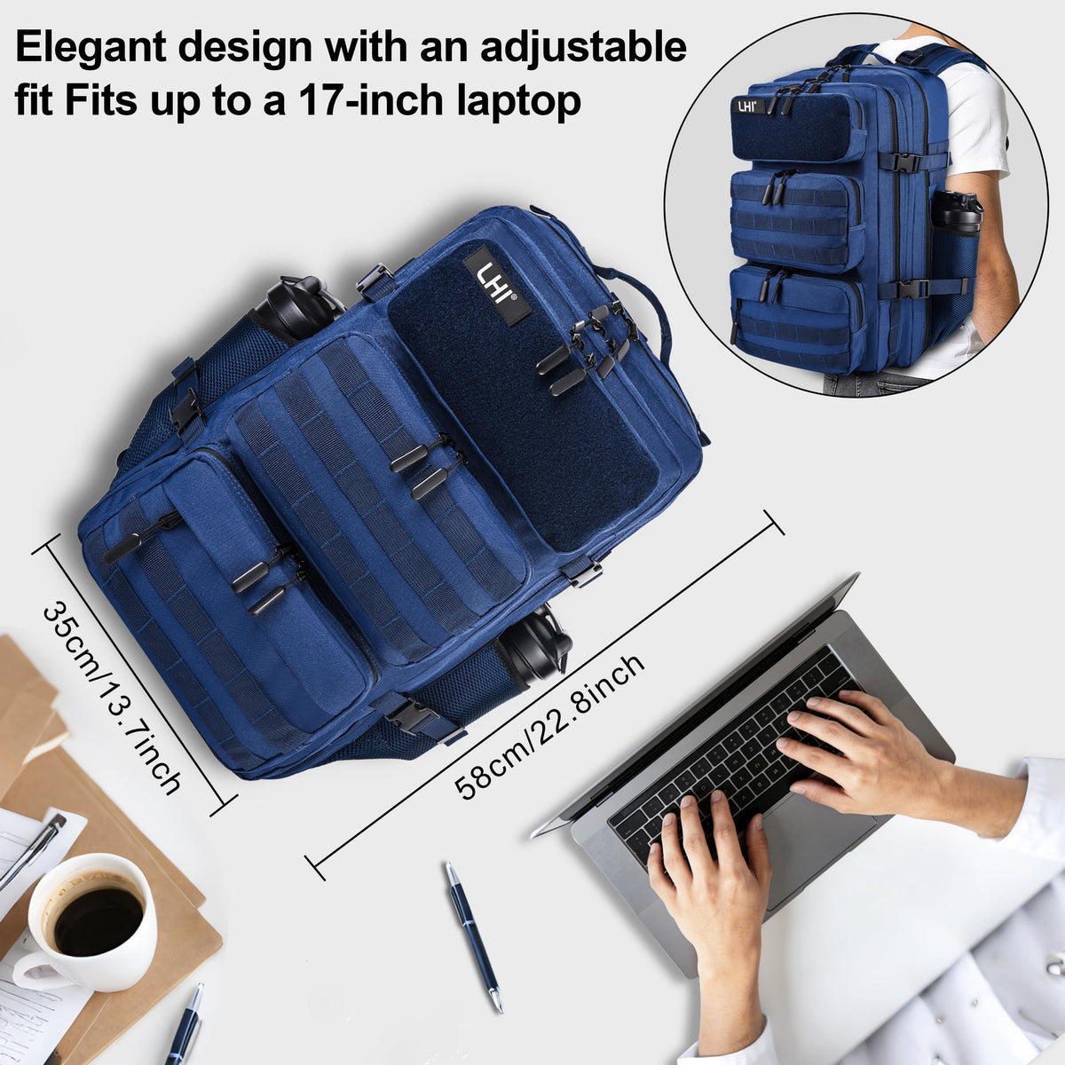 LHI Military Tactical Backpack for Men and Women 50L Army 3 Days Assault Pack Bag Large Rucksack with Shoe Compartment - Blue