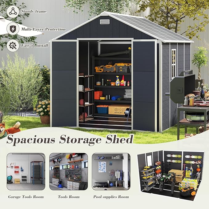 8x8 FT Outdoor Storage Resin Shed with Floor, Waterproof Plastic Garden Tool Shed with Windows, Vents & Lockable Door and Sloped Roof, Easy to Assemble Bike Shed for Patio, Backyard, Lawn, Black