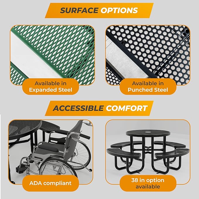 Metal Picnic Tables for Outdoors with Umbrella Hole - Coated Steel Heavy Duty Commercial Grade Furniture Set with Adjustable Seats (Red, 46 in, Round, Expanded Steel)