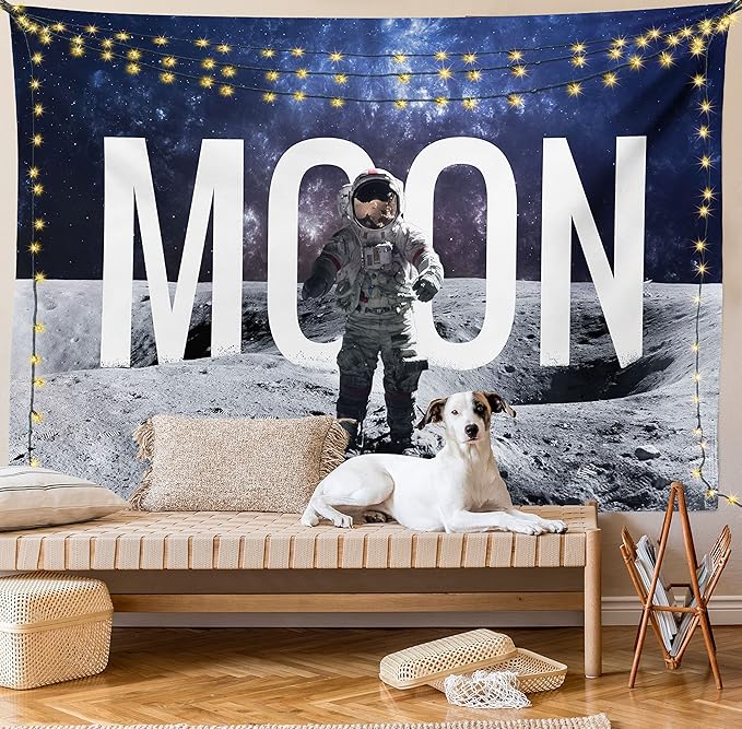 Ambesonne Outer Space Tapestry, Miniature Toy Astronaut on The Foreground of Giant Moon Big Bang Mars Print, Fabric Wall Hanging Decor for Bedroom Living Room Dorm, 45" X 30", Grey Blue
