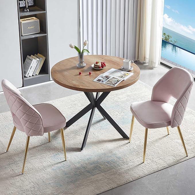 NORDICANA 3-Piece Dining Table Set for 2 - Space Saving 37-Inch Round Table and Chairs, 2 Seaters Dining Set with Upholstered Dining Chairs (Light Pink)