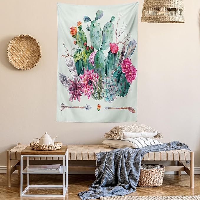 Ambesonne Cactus Tapestry, Spring Garden Boho Style Bouquet of Thorny Plants Blossoms Arrows Feathers, Wall Hanging for Bedroom Living Room Dorm Decor, 40" X 60", Rose Green Brown
