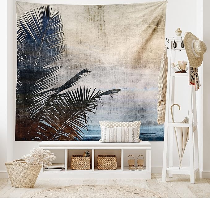 Ambesonne Hawaiian Tapestry King Size, Palm Tree Leaves on Grunge Background with Sea Vintage Waterscape Illustration, Wall Hanging Bedspread Bed Cover Wall Decor, 104" X 88", Beige Indigo