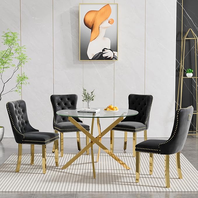 36" Round Glass Dining Room Table for 4 with Tempered Glass Top and Gold Chrome Metal Legs, Modern Clear Kitchen and Dinner Table for Home Office Dining Room