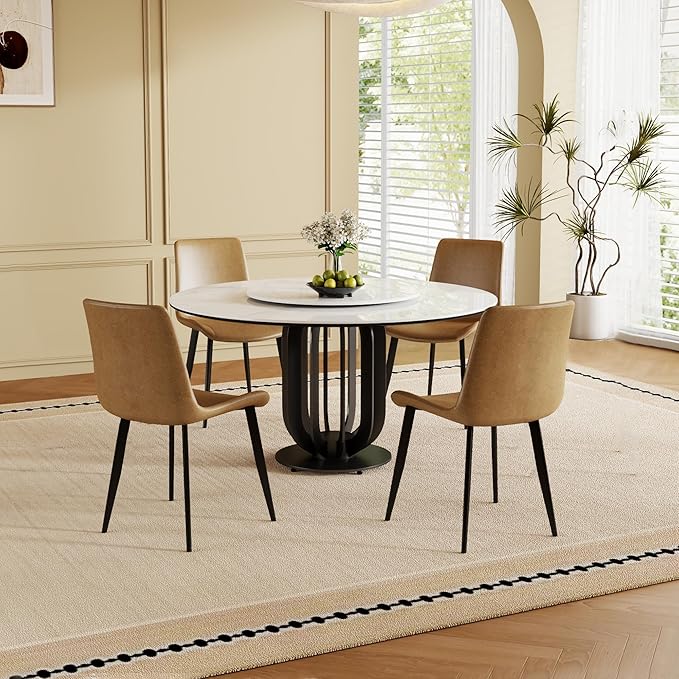 Dining Table Set with 4 Chairs, 59" Round Modern Marble Dining Table with Lazy Susan, Sintered Stone Top for Kitchen, Dining Room, Dinette