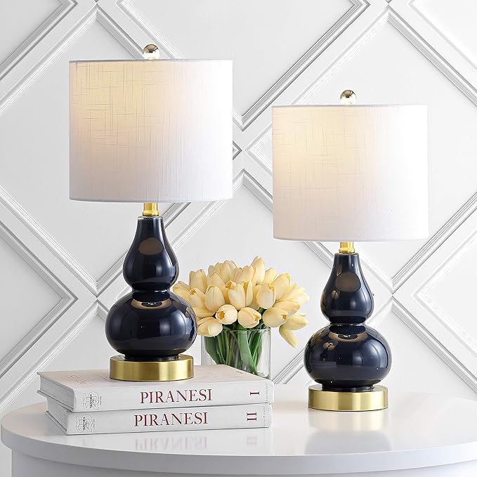 JONATHAN Y 20.5" Navy Glass Table Lamp, Modern Gourd Bedside Nightstand Lamp for Bedroom, Living Room, White Linen Shade, LED Bulb Included (JYL1028F-SET2)