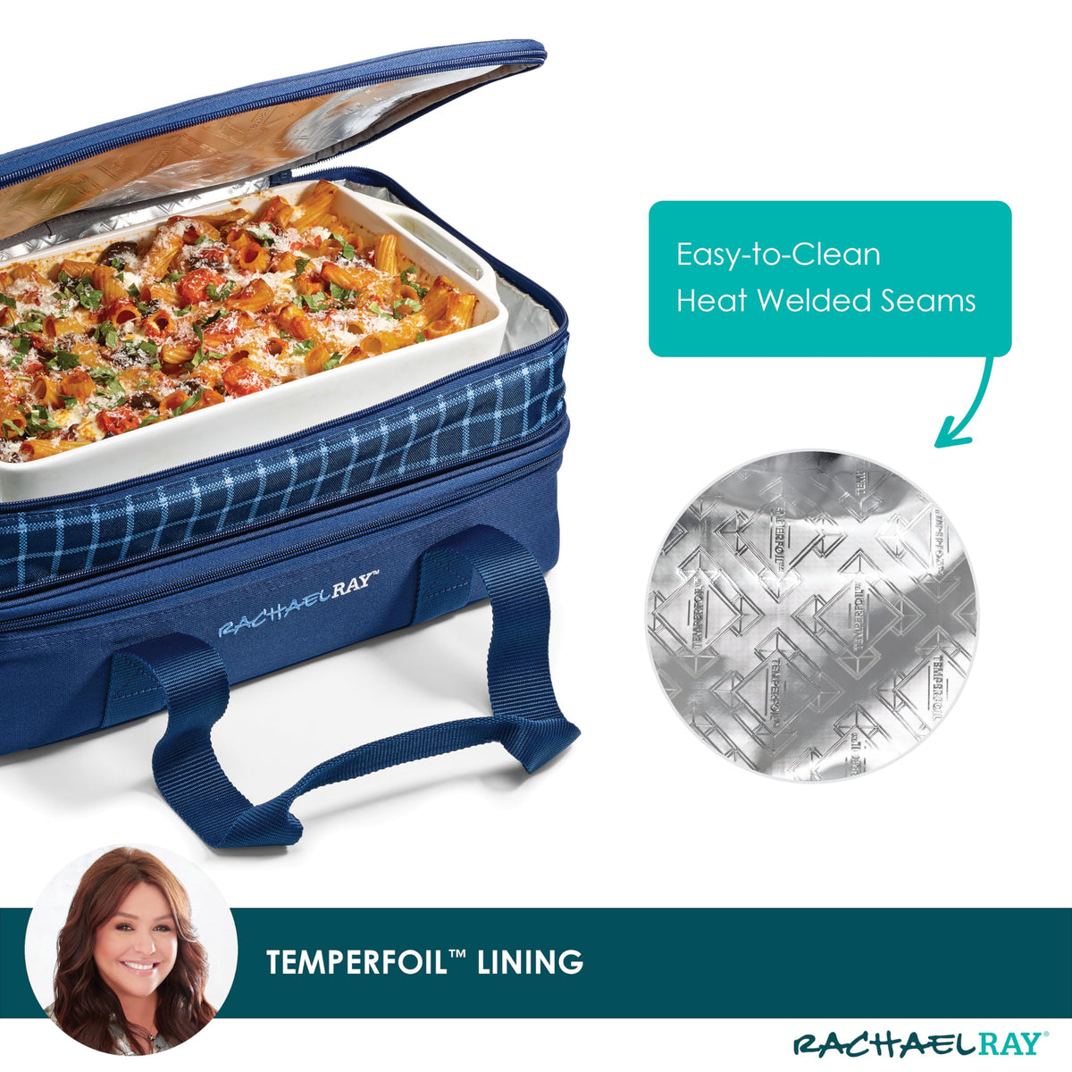 Rachael Ray Expandable Insulated Casserole Carrier for Hot or Cold Food, Thermal Lasagna Lugger Tote for Potluck, Parties, Picnic, and Cookouts, Fits 9" x 13" Baking Dish, Blue Gingham