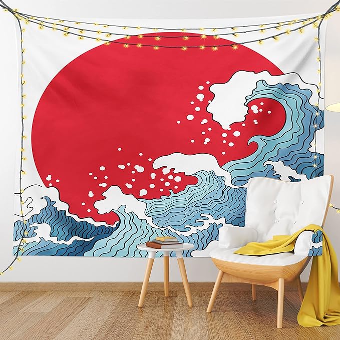 Ambesonne Japanese Wave Tapestry King Size, Big Red Sun Setting Scenery Tropical Nautical Tsunami Swirls, Wall Hanging Bedspread Bed Cover Wall Decor, King Size, Red Blue White