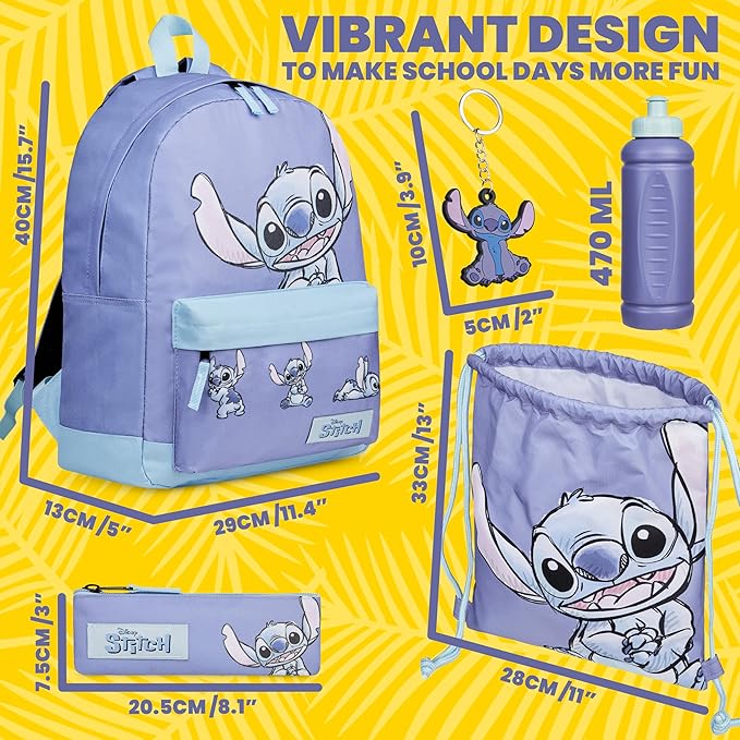 Disney Stitch Backpack 5-Pcs Gifts for Girls, Kids with Water Bottle Drawstring Bag Pencil Case Keychain School Travel Kit (Blue/Lilac)