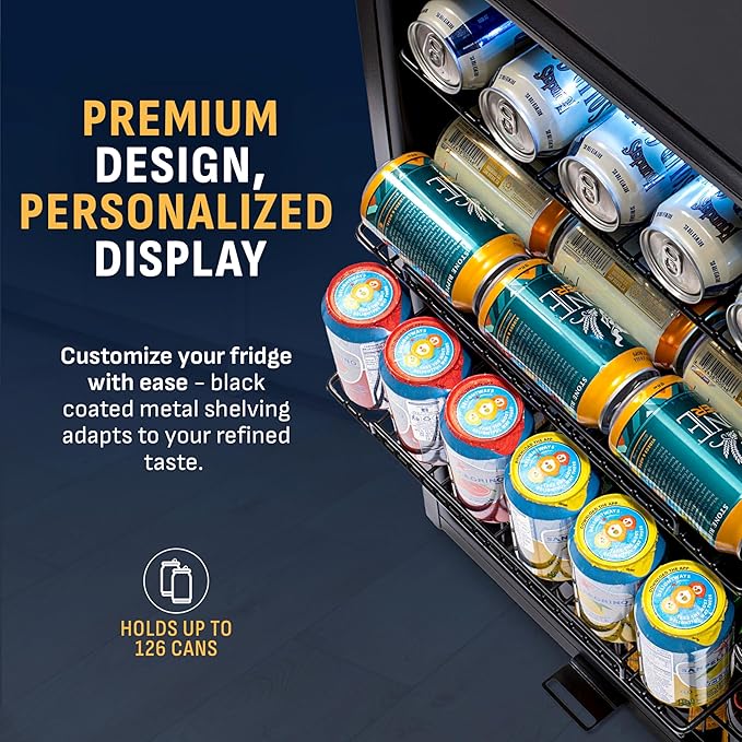 NewAir 126 Can Beverage Refrigerator | Freestanding Small Mini Fridge for Bedroom with Glass Door | Drink Cooler with Adjustable Shelves, Quiet Cooling & Locking Door | Black