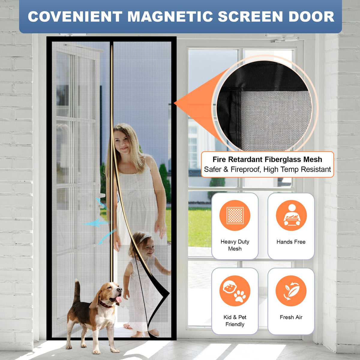 METAONLY Fiberglass Magnetic Screen Door Mesh, Works for Patio, Sliding Door, Keeps Bug Mosquito Out, Fresh Air Flow, Fits 36" x 82" Door - Curtain Size 38" x 83", Black