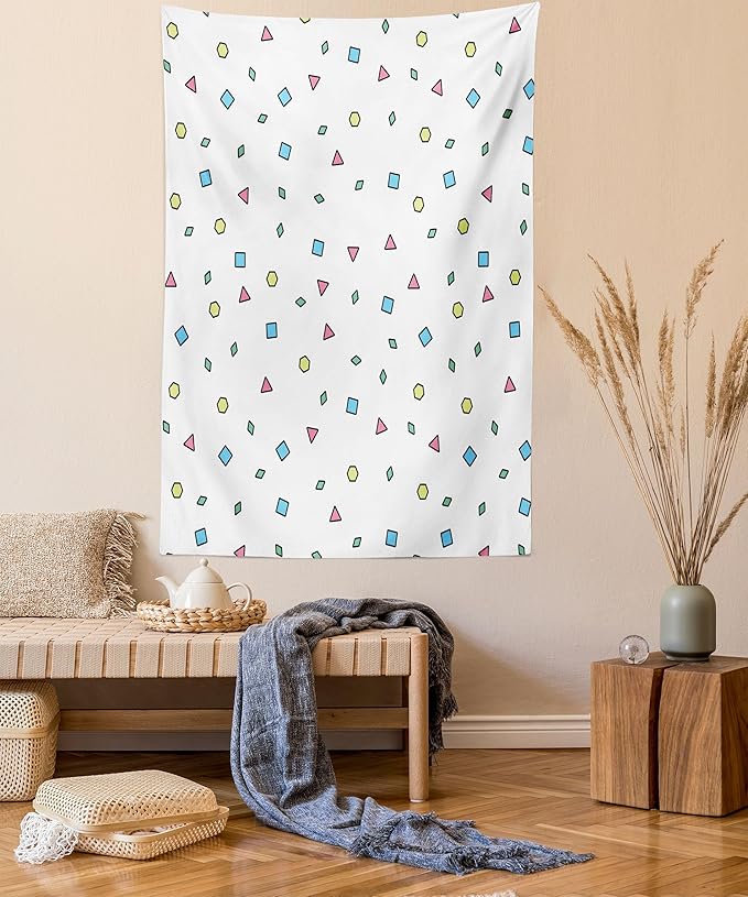 Ambesonne 90s Tapestry, Colorful Mosaic Pattern with Geometric Shapes in Memphis Style Doodle Print, Wall Hanging for Bedroom Living Room Dorm Decor, 40" X 60", Blue Green