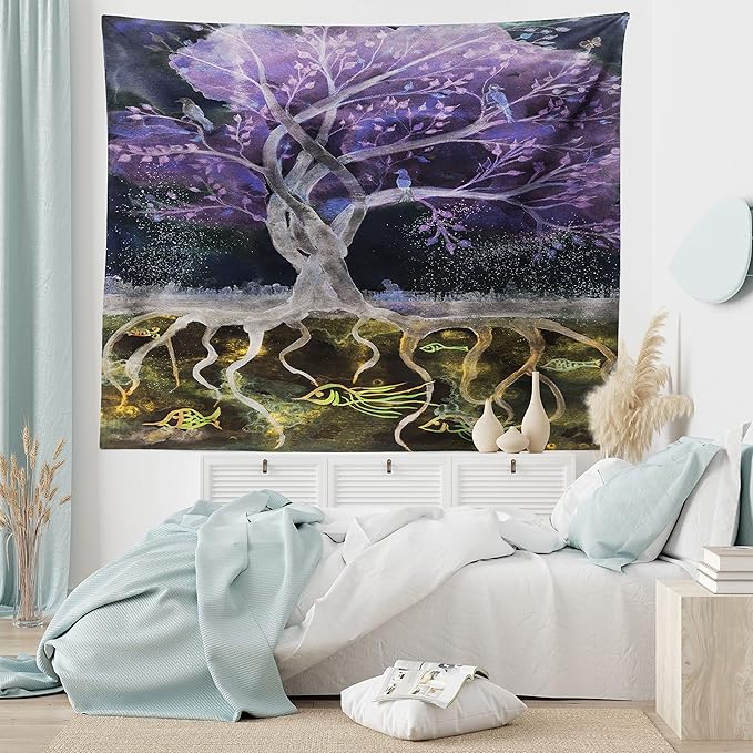 Ambesonne Tree of Life Tapestry King Size, Psychedelic Mysterious Nature at Night Birds and Fishes Home Art, Wall Hanging Bedspread Bed Cover Wall Decor, 104" X 88", Purple Black