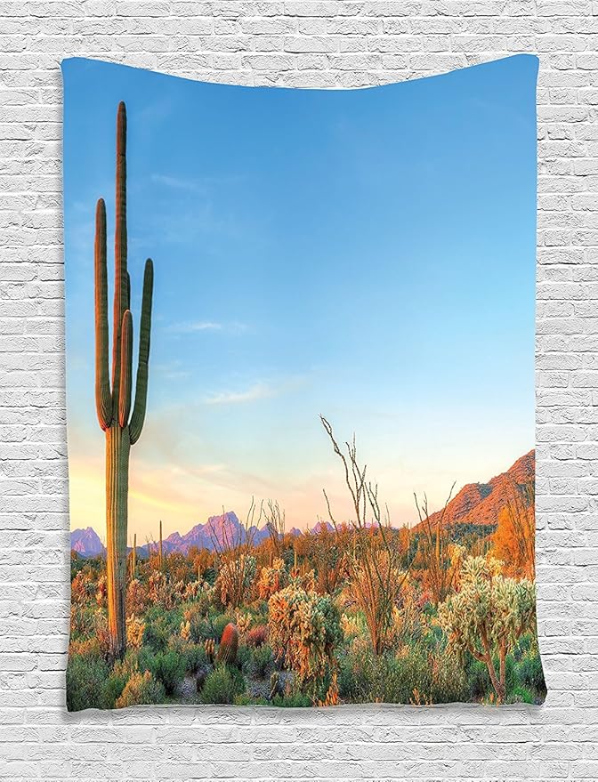 Ambesonne Saguaro Tapestry, Sun Goes Down in Desert Prickly Pear Cactus Southwest Texas National Park, Wall Hanging for Bedroom Living Room Dorm Decor, 60" X 80", Orange and Blue