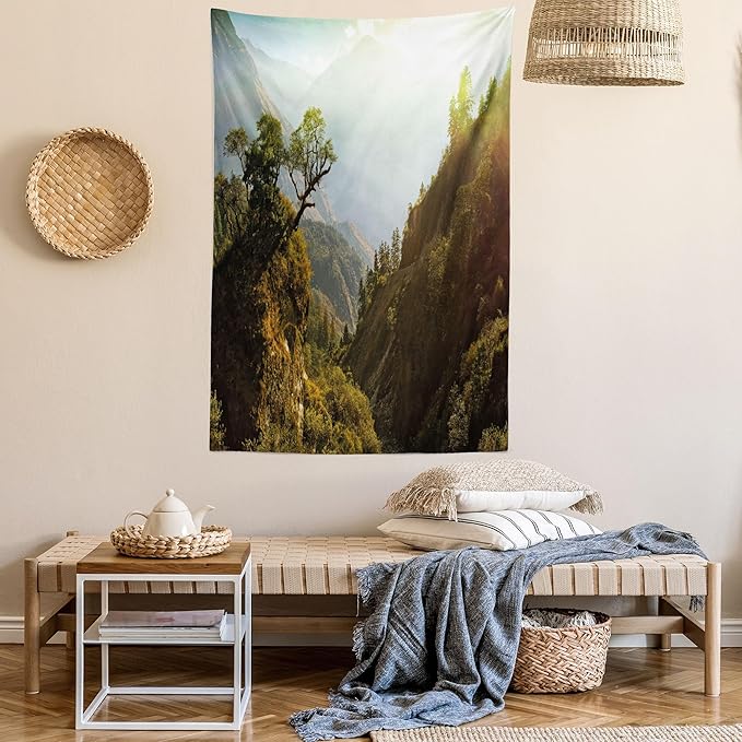 Ambesonne Landscape Tapestry Queen Size, Forest Nepal Himalaya Mountains Sunlight Majestic Scenery Nature Photo, Wall Hanging Bedspread Bed Cover Wall Decor, 88" X 88", Green Pale Yellow